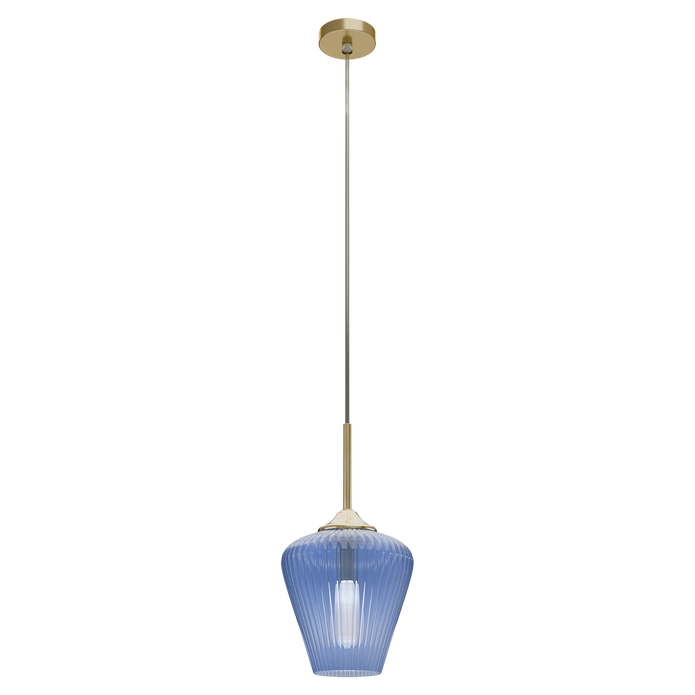 Ribbon Gold with Blue Ribbed Glass E27 230mm Pendant