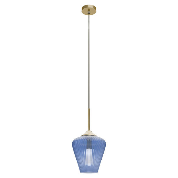 Ribbon Gold with Blue Ribbed Glass E27 230mm Pendant