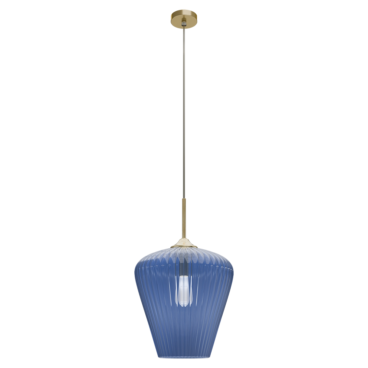 Ribbon Gold with Blue Ribbed Glass E27 360mm Pendant