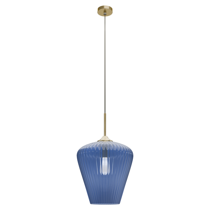 Ribbon Gold with Blue Ribbed Glass E27 360mm Pendant