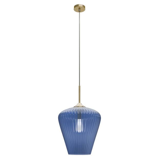Ribbon Gold with Blue Ribbed Glass E27 360mm Pendant