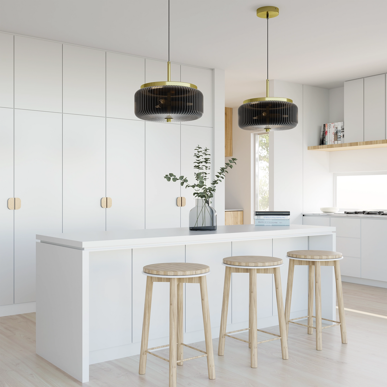 Whistler Gold & Smoked Contemporary Ribbed Glass 3xG9 Pendant