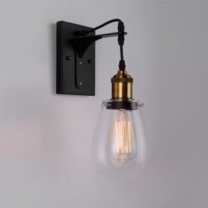 Strung Internal Wall Light in Black and Antique Brass with Clear Pear Shaped Glass