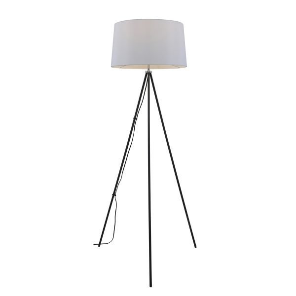 black tripod floor lamp with white shade