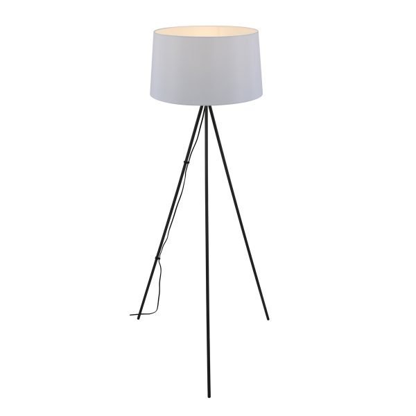 black tripod floor lamp with white shade